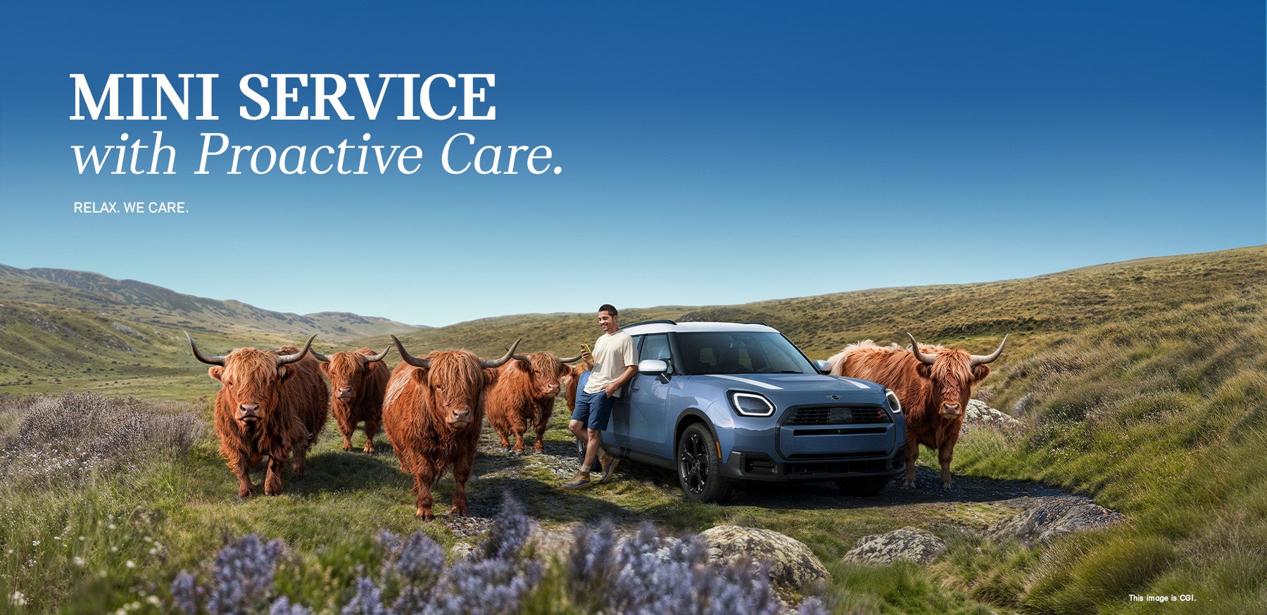 Person leaning against a parked MINI Countryman S ALL4 in a grassy field, with Highland cattle nearby.