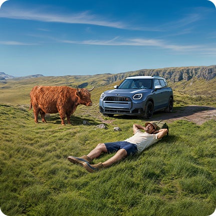 Person lying on their back in a grassy field beside a parked MINI Countryman S ALL4, with a Highland cow nearby.
